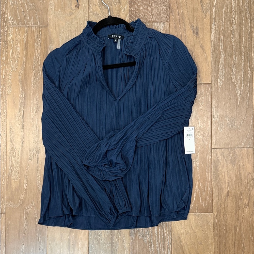 1. State Women's Navy Pleated Long Sleeve Blouse